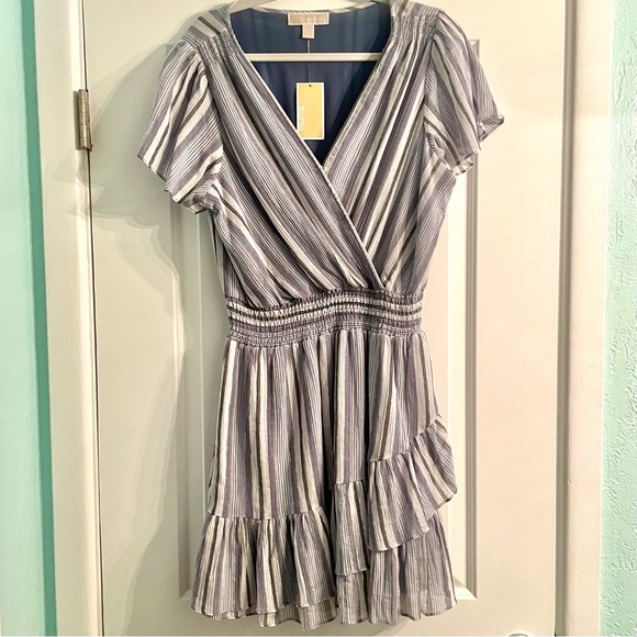 Michael Kors Women’s Short Sleeve Faux Wrap Dress Dark Chambray Blue Stripes Lg - Picture 1 of 11